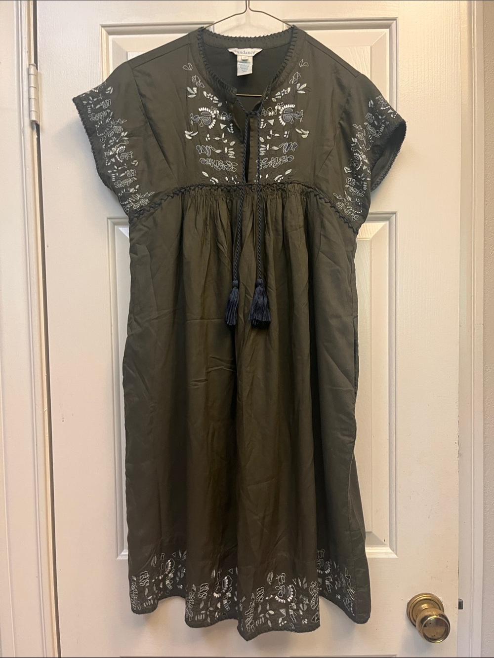 Sundance Embroidered Olive Green Dress with Tassels XS